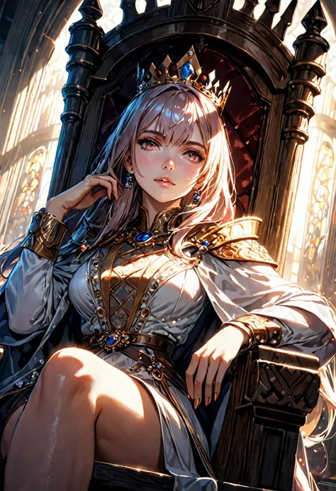 A Queen sitting on the throne, European, detailed face, dramatic lighting, cinematic angle, photorealistic, 8k, high resolution,...