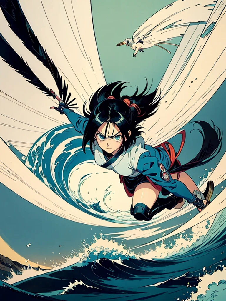 전투 천사 알리타는 카츠시카 호쿠사이의 그림에서 크고 검은 날개를 가지고 혼자 날고 있습니다.