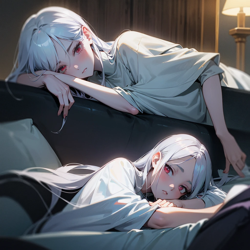 your character, belonging to the Boku no Hero universe, is lying on a soft surface, probably a bed or a sofa, with a posture that denotes tranquility and a pinch of melancholy. His body is slightly tilted to his left side, allowing her long silver hair to spread in soft waves around her head. Soft, violet lighting bathes the scene, highlighting the pale tone of her skin and creating an ethereal contrast with her silver hair.His intense red eyes are half closed, with a distant, thoughtful look that suggests she is deep in thought. Her long eyelashes cast delicate shadows on her cheeks.. She rests her head on her left arm., which is bent at a comfortable angle under your head, serving as a kind of makeshift pillow. His left hand is relaxed, fingers slightly curved.Your character&#39;s right hand is extended forward, resting gently on the surface it is on. His fingers are slightly apart, as if she was delicately touching something invisible in front of her. Violet light creates a soft glow around your figure, highlighting the details of her serene face and the locks of her hair.His facial expression is serene, with a slight sadness that adds depth to its ethereal beauty. The violet highlights in her hair and skin give her an almost supernatural air., as if it belonged to a world between reality and fantasy. The stillness of the scene conveys a feeling of peace and reflection, inviting the viewer to immerse themselves in the thoughts and emotions of your character.