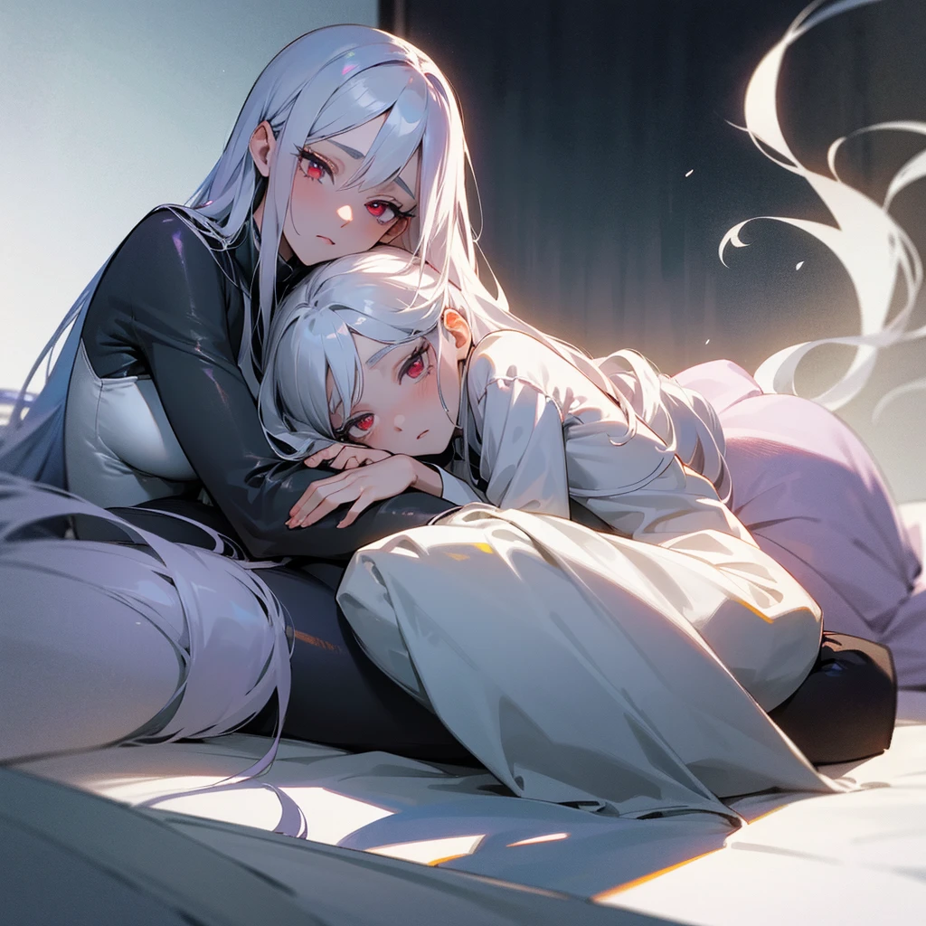 your character, belonging to the Boku no Hero universe, is lying on a soft surface, probably a bed or a sofa, with a posture that denotes tranquility and a pinch of melancholy. His body is slightly tilted to his left side, allowing her long silver hair to spread in soft waves around her head. Soft, violet lighting bathes the scene, highlighting the pale tone of her skin and creating an ethereal contrast with her silver hair.His intense red eyes are half closed, with a distant, thoughtful look that suggests she is deep in thought. Her long eyelashes cast delicate shadows on her cheeks.. She rests her head on her left arm., which is bent at a comfortable angle under your head, serving as a kind of makeshift pillow. His left hand is relaxed, fingers slightly curved.Your character&#39;s right hand is extended forward, resting gently on the surface it is on. His fingers are slightly apart, as if she was delicately touching something invisible in front of her. Violet light creates a soft glow around your figure, highlighting the details of her serene face and the locks of her hair.His facial expression is serene, with a slight sadness that adds depth to its ethereal beauty. The violet highlights in her hair and skin give her an almost supernatural air., as if it belonged to a world between reality and fantasy. The stillness of the scene conveys a feeling of peace and reflection, inviting the viewer to immerse themselves in the thoughts and emotions of your character.