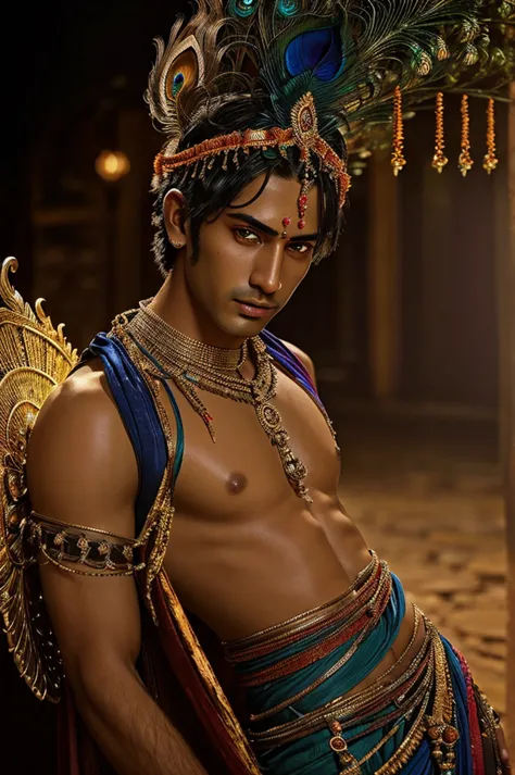 a sexy male hindu god krishna, detailed face and body, intricate peacock feather headdress, highly detailed ornate clothing, pho...