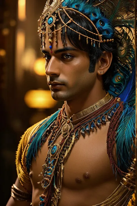 a sexy male hindu god krishna, detailed face and body, intricate peacock feather headdress, highly detailed ornate clothing, pho...