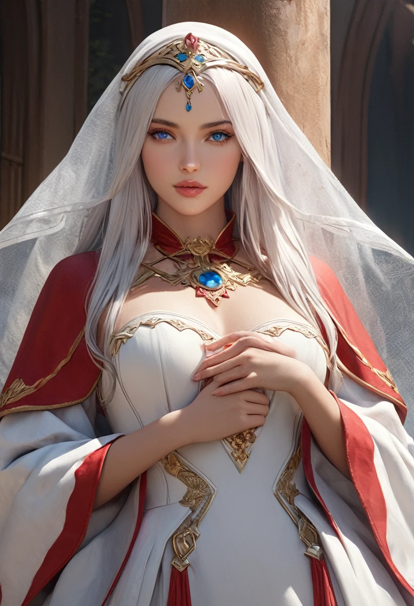 (best quality,4k,8k,highres,masterpiece:1.2), ultra-detailed, (realistic,photorealistic,photo-realistic:1.37),((Highly detailed CG Unity 8k wallpaper)), masterpiece, Super detailed, floating, High resolution, Sexually suggestive, (small, Extremely long white hair, Princess, White Mage, blue eyes, (It has long, wide sleeves and intricate embroidery. A gorgeous layered long dress in white and red with a sheer look), Bridal Veil, Circlet, Bridal Gauntlet, Blushing, shy, arched back, Frilled petticoat, Glamorous corset,