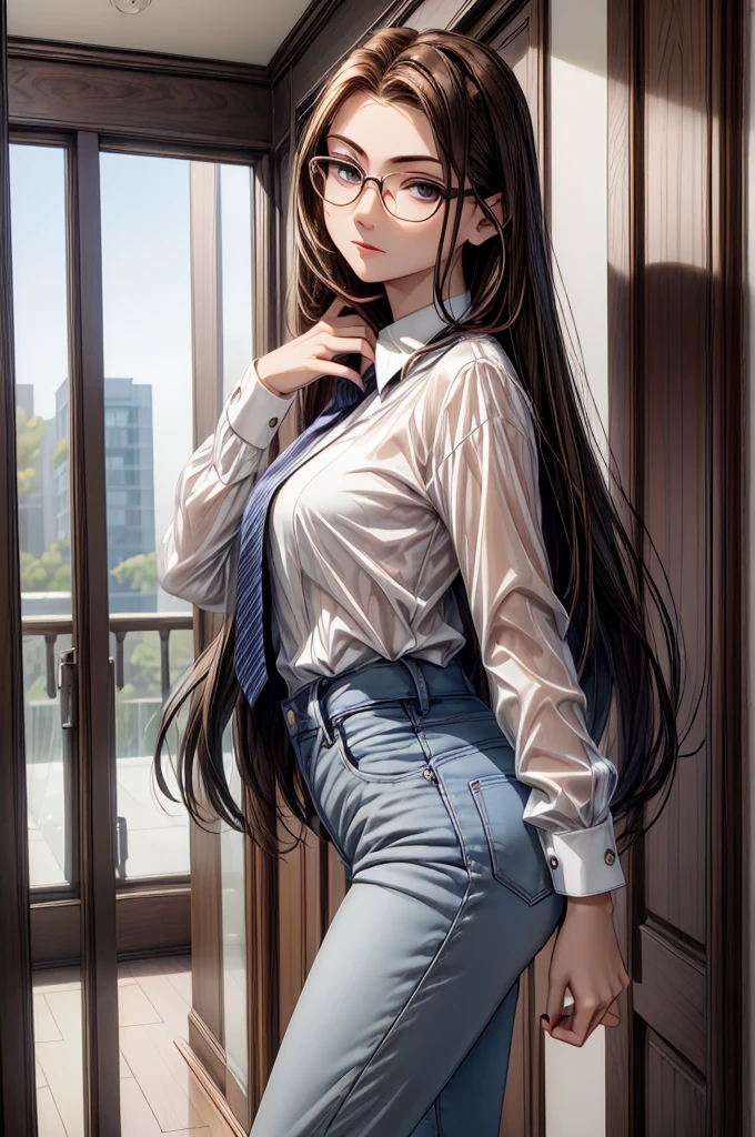 (masterpiece, best quality:1.2), detailed face, detailed eyes, elegant woman, long hair, high heeled,shiny skin,welcomes you at the door, Shirt, pants,random colar, ponitail hair,cool attitude,cool glasses,exciting,cool, perfect hand:1