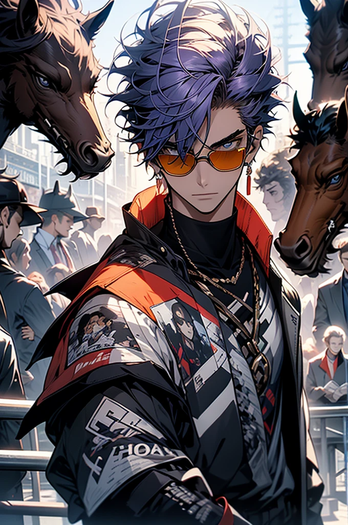 One Boy, Purple Hair, all back, Pointy sunglasses, Jacket, Blue T-shirt underneath, He is holding a horse racing newspaper in his hand., 