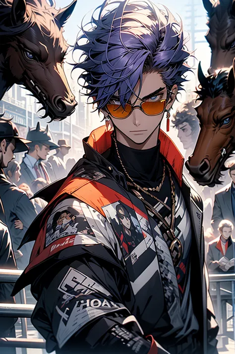 One Boy, Purple Hair, all back, Pointy sunglasses, Jacket, Blue T-shirt underneath, He is holding a horse racing newspaper in hi...