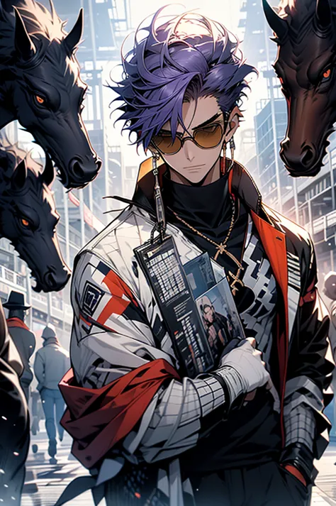 One Boy, Purple Hair, all back, Pointy sunglasses, Jacket, Blue T-shirt underneath, He is holding a horse racing newspaper in hi...