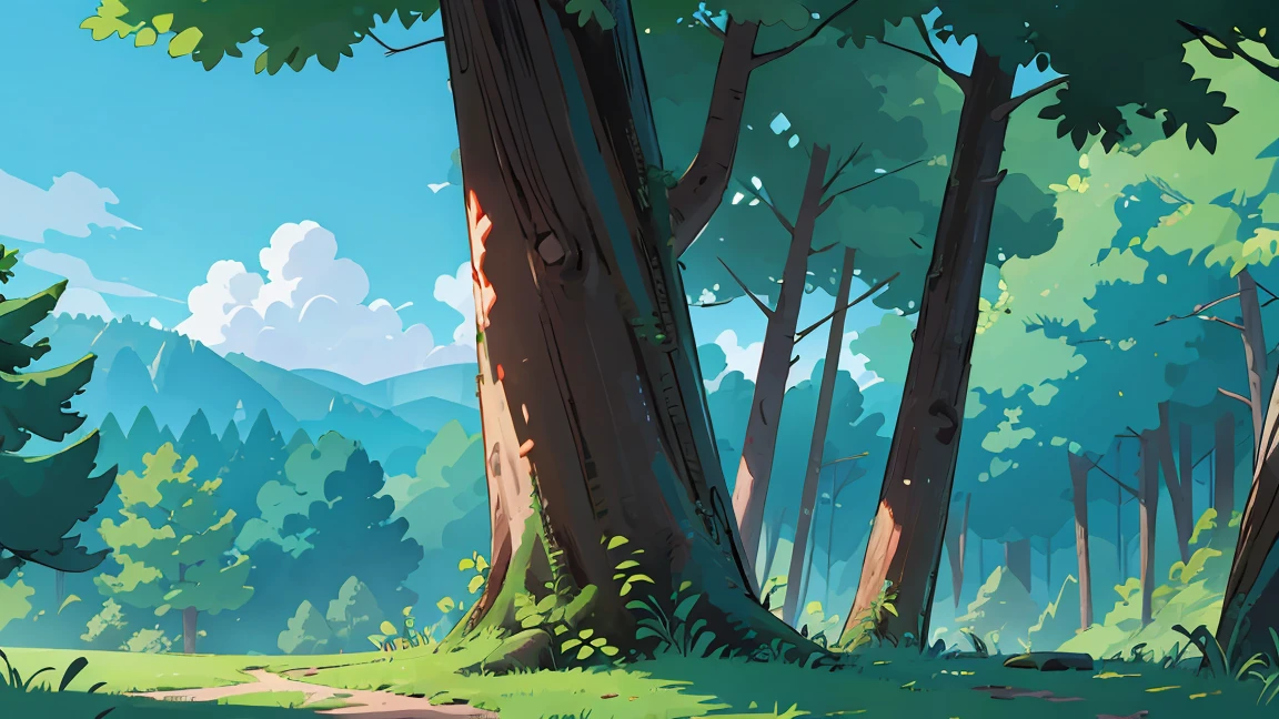 A beautiful forest seen from front, background, 3/4 view, blue sky, not shadows, flat color, masterpiece, cinematic view, best quality, 1990s style