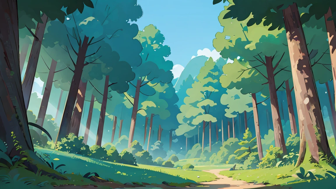 從正面看美麗的森林, 背景, 3/4 視圖, 藍天, 不是陰影, 平面颜色, 傑作, 電影視角, 最好的品質, 1990年代風格