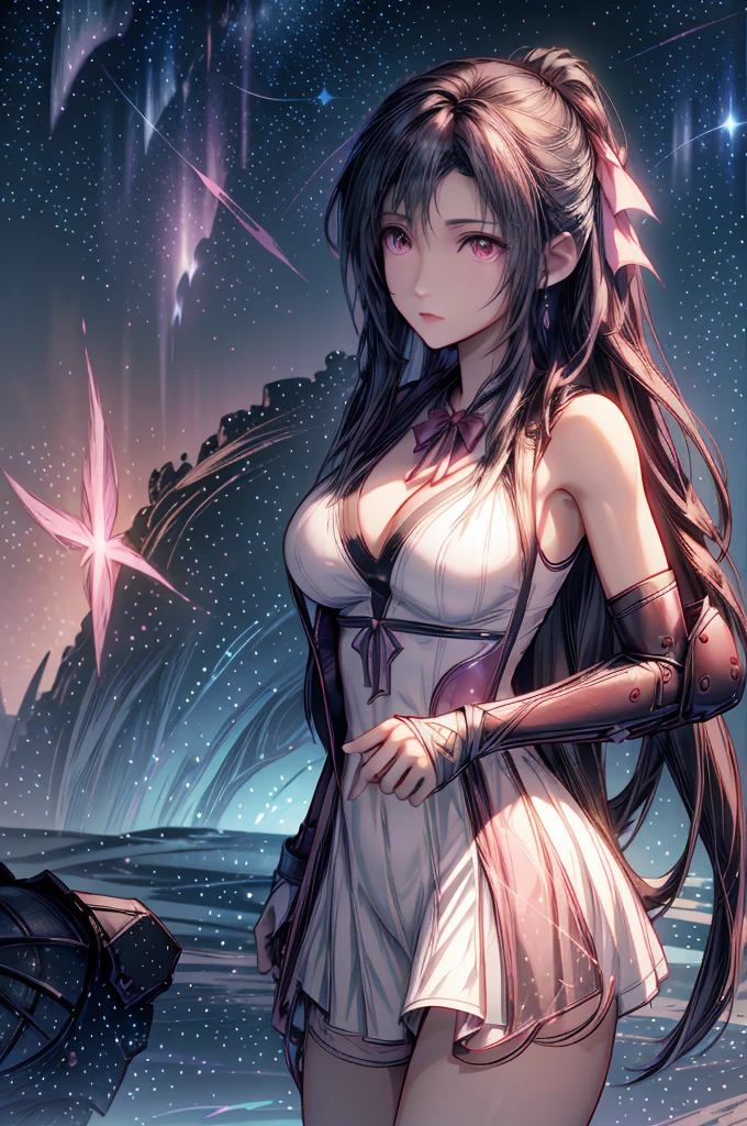 (8K HDR photorealistic pic), Tifa Lockhart, muscular, athletic, cheerful, toned body, (massive breasts), hourglass figure, fighter, long dark hair tied with ribbon at the end, ((Aerith costume, white dress, pink jacket)), realistic, seductive, red eyes, soft shadows, (masterpiece), Starry Sky with Mountains and Lake, Inspired by Jessica Rossier, Jessica Rossier Fantasy Art, Concept Art Magic Highlights, Official Artwork, Dream Painting, Ethereal Realm, Atmospheric artwork, dreamy matte paintings, serene endless stars inspired by Ted Nasmith, moonlit starry environments, epic music album covers.