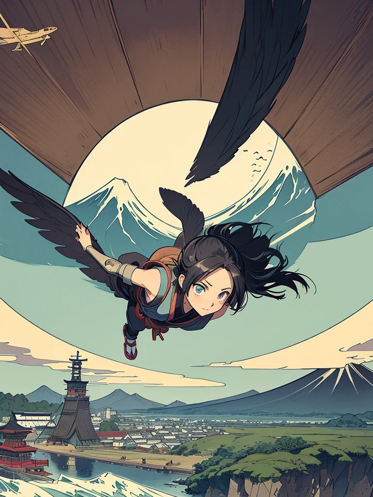  Alita vuela sola con sus grandes alas negras en una pintura del monte Fuji de Katsushika Hokusai.