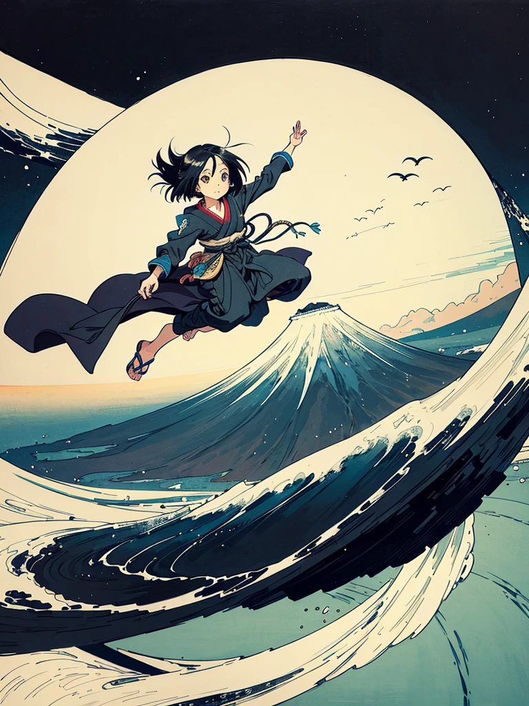  Alita fliegt allein mit ihren großen schwarzen Flügeln in einem Gemälde des Fuji von Katsushika Hokusai