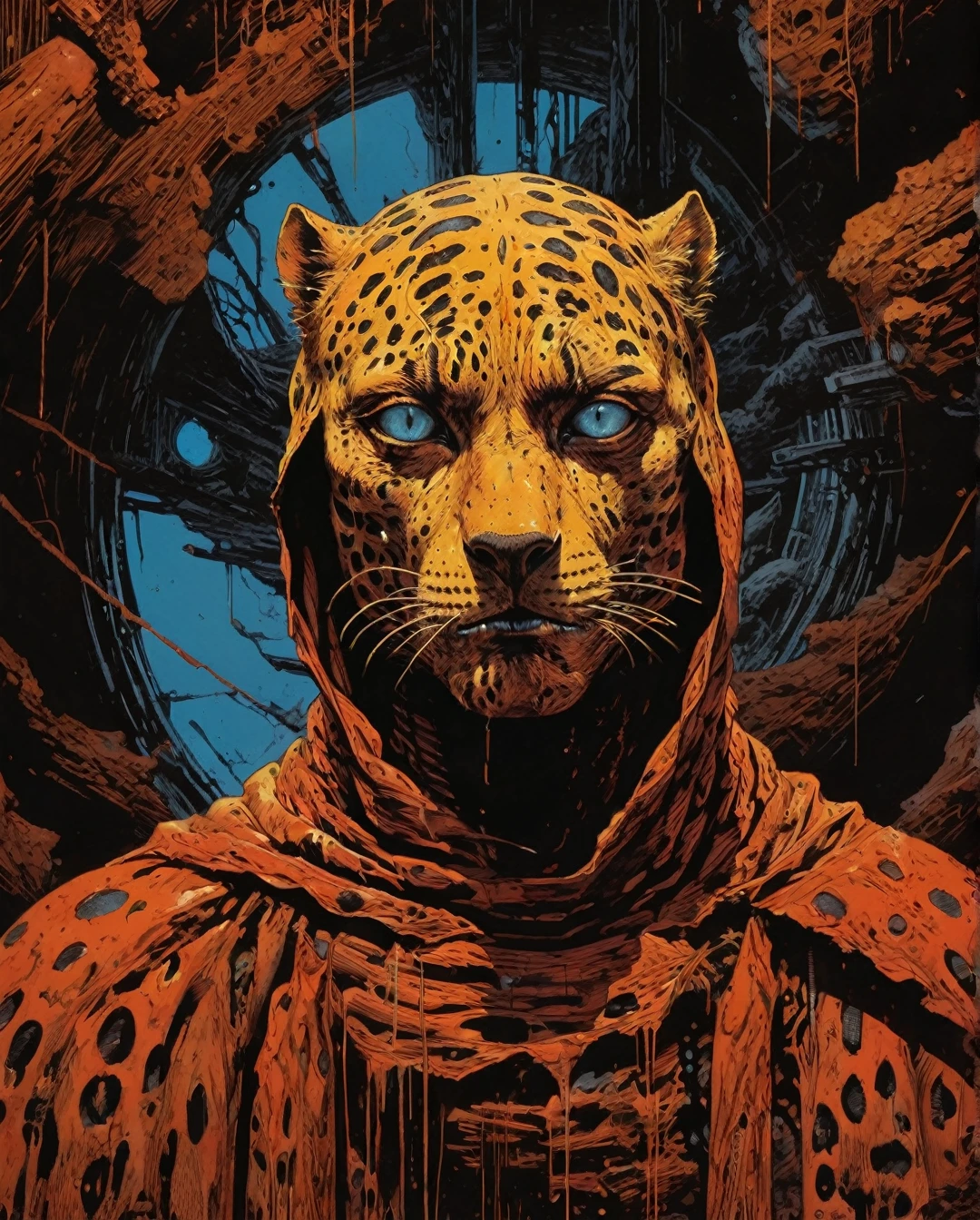 An orange leopard like creature, leopard spots with zebra stripes on its face, pale blue eyes, it wears a desert cape, fr4z3tt4 ,more detail XL,art by sargent... ......, maximalist art, by Moebius and Hariton Pushwagner, (ambient occlusion, masterful, beautiful), poster art, bold lines, hyper detailed, expressive, award winning, (landscape:1.4), (intricate details, masterpiece, best quality:1.4), looking at viewer, dynamic pose, wide angle view, in the style of nicola samori , futuristic style, sleek, ultra modern, high tech, ornate by Moebius and by Marc Simonetti, clean lines, geometric shapes, Minimalist color scheme of red and cyan
mkitdecy, rust, cracks brutalism, style by Tom Jung and Drew Struzan and Tim and Greg Hildebrandt, ((style by artgerm and Greg Manchess and Ilya Kuvshinov))