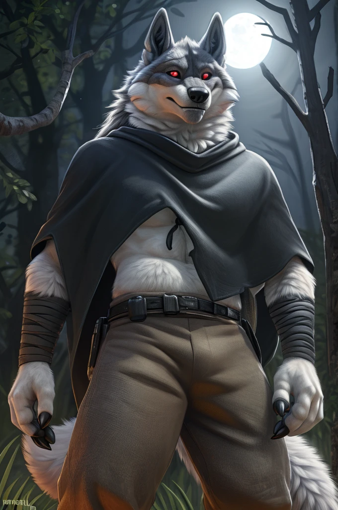 death (puss in boots), male, muscular, wolf, canid, fluffy, standing, night, forest, claws, paws, low angle view, long hair, black sclera, red eyes, tail, front view, action pose, (black poncho:1.2), clothed, bottomwear, pants, belt, white body, black fur, black fur, grey fur, forest, moonlight night, BREAK, by virtyalfobo, by anchee, by snowskau, by foxovh, by sabretoothed ermine, (intricate, high detail, film photography, soft focus, RAW candid cinema, photorealism, realistic, photorealistic, analog style, subsurface scattering, masterpiece, best quality, ultra realistic, 8k)
