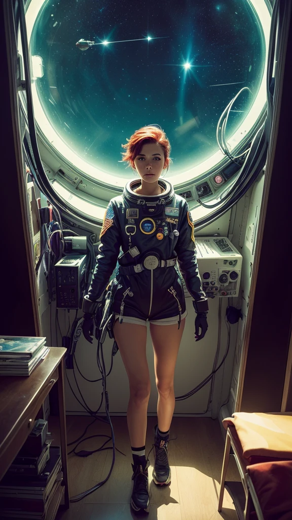 (masterpiece, top quality, Best quality, extremely detailed, as detailed as possible, Official art, beautiful and aesthetically pleasing:1.2), Colorful, Beautiful face, One, perfect body, 1 girl, in space, short red hair, ponytail (hairstyle), green eyes, a space ship, Green space suit, Sun rays, in room, (wires and cables:1.1), (Science fiction:1.2), porthole, illuminator, stars,Fantasy, high contrast, Чернильные Strokes, Explosions, overexposure, Impression of purple and red tones , abstract, ((watercolor painting by John Berkey and Jeremy Mann )) Strokes, negative space,