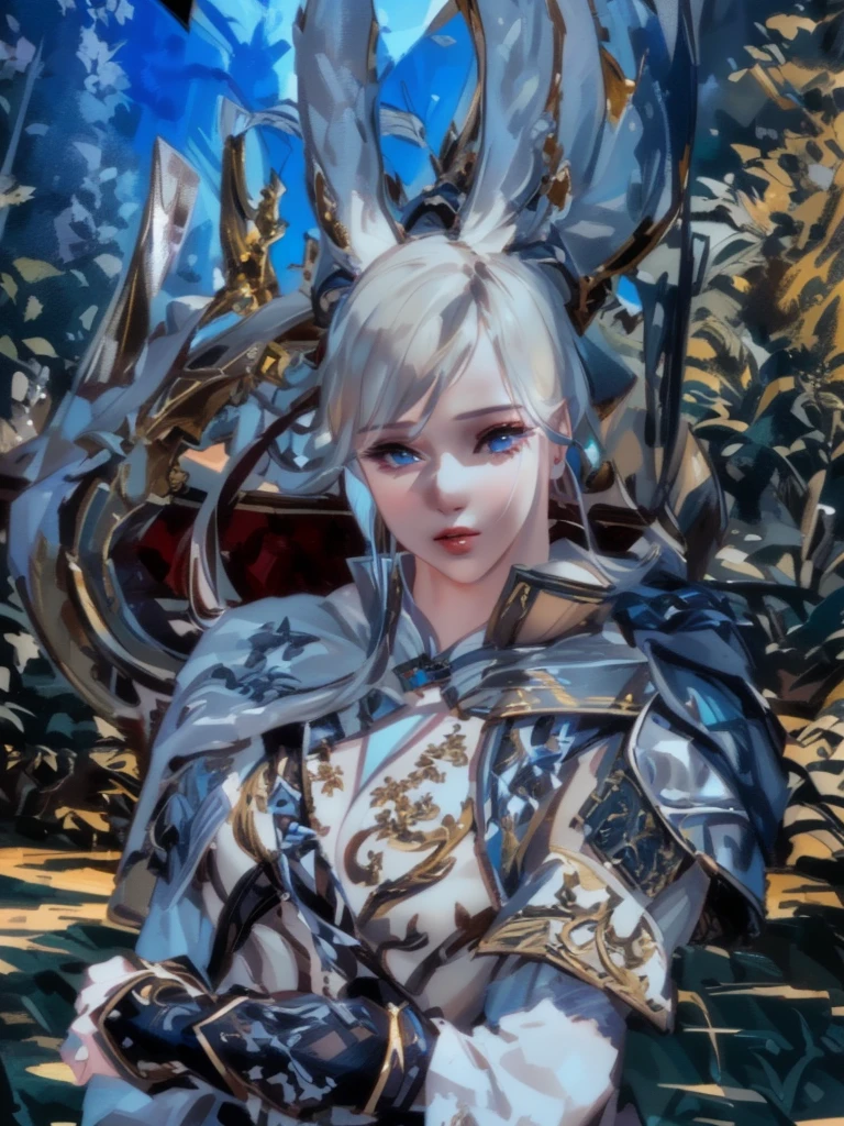 a beautiful girl with an elegant bow and detailed armor, seductive lips, looking very sexy, highly detailed, fantasy, intricate details, photorealistic, 8k, award winning digital art, cinematic lighting, dramatic colors, film grain, octane render, volumetric lighting, god rays, chiaroscuro, oil painting style, impasto, smooth blending, dynamic pose, graceful, powerful, confident, atmospheric, cinematic, dramatic, masterpiece con sus orejas de caneja