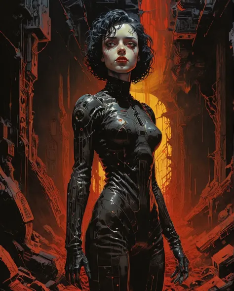 (by loish, leyendecker, james gilleard), a full body shot of a young goth woman, short black curly hair, slightly smiling, one r...