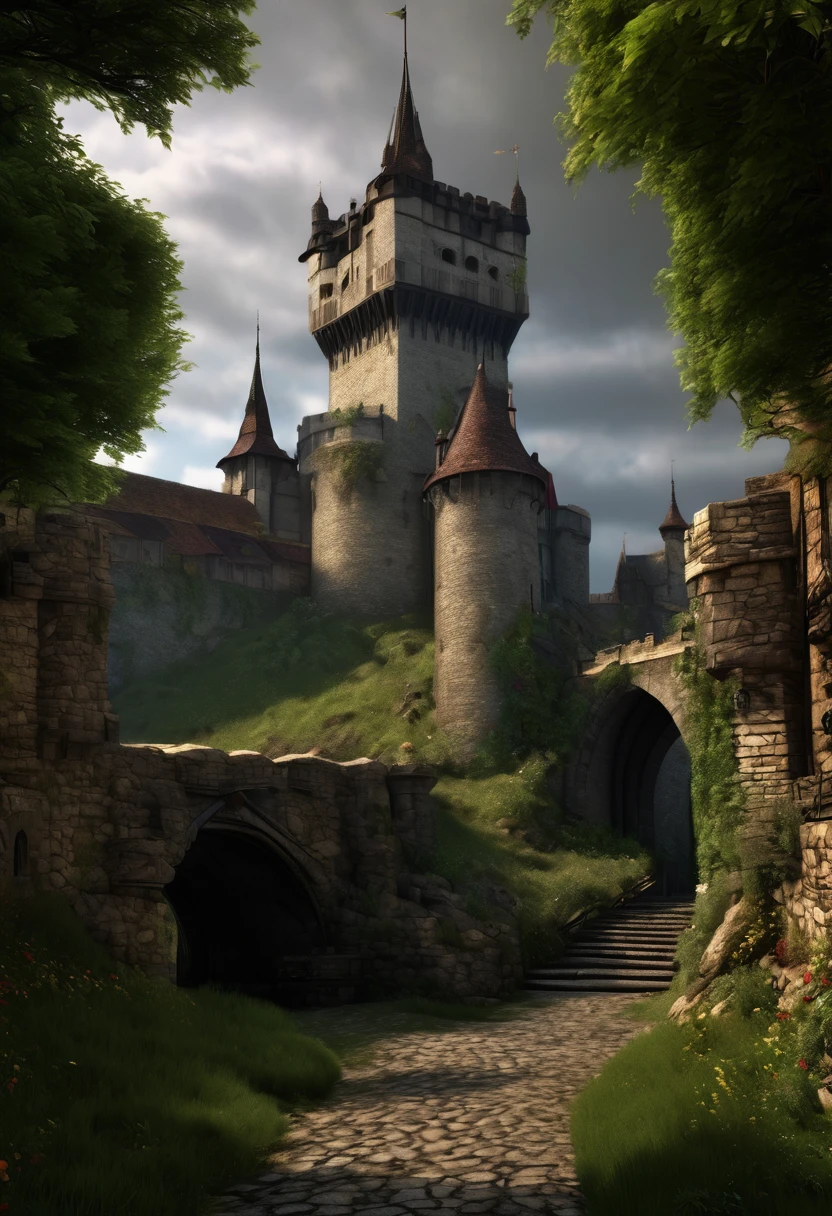 1 medieval fantasy scene, detailed medieval castle, gothic architecture, dramatic lighting, moody atmosphere, overcast sky, rolling hills, lush green meadows, stone bridges, cobblestone streets, ornate iron gates, wooden watchtowers, (best quality,4k,8k,highres,masterpiece:1.2),ultra-detailed,(realistic,photorealistic,photo-realistic:1.37),intricate textures, rich color palette, dramatic chiaroscuro, cinematic composition, grand scale, 15th century, historical accuracy