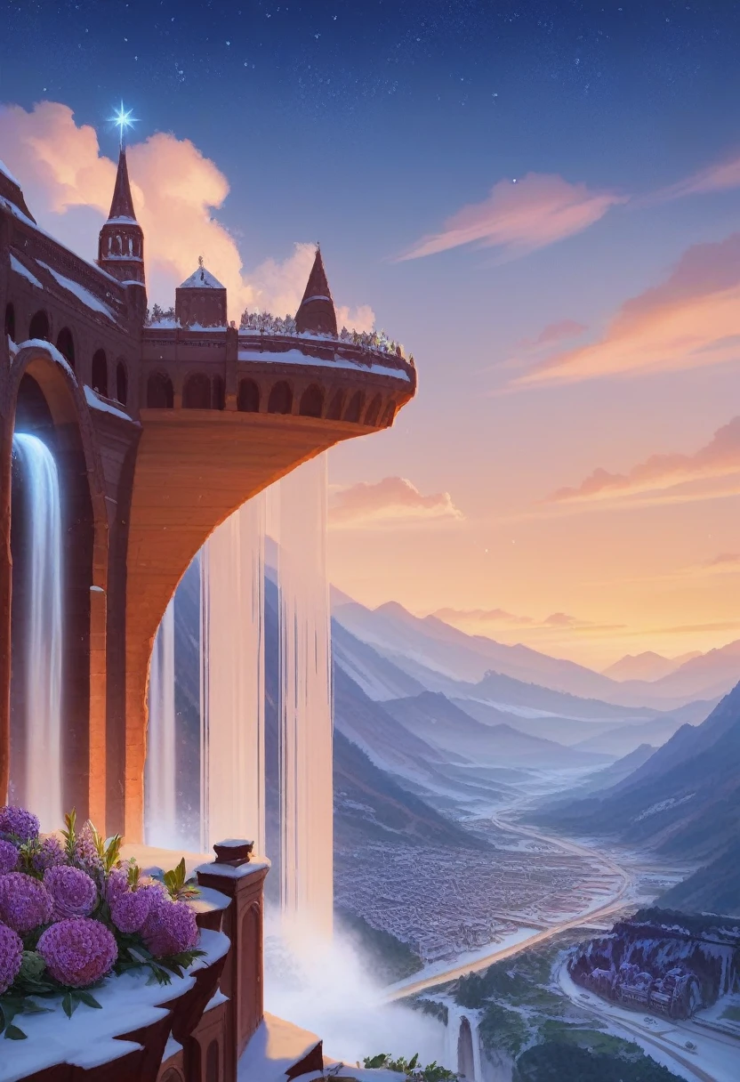 (masterpiece, figure, Highest quality, detailed,High resolution:1.4), In the distance, colorful, Vibrant, wealthy, Volumetric lighting, Contrast, , From afar, Depth of written boundary , scenery, Landscape painting, Concept Art, Intricate details, Stylized, , Cloudy, Moonlit night starry sky, Fantasy, Cities of the ancient kingdom [Colosseum,sacred,cathedral] scenery, snow, waterfall, , Blooming tree々、Grass、flower ,  Rocky Mountains and forest snow in the background ,NSFW    , (Fantasy魔法:1.4)