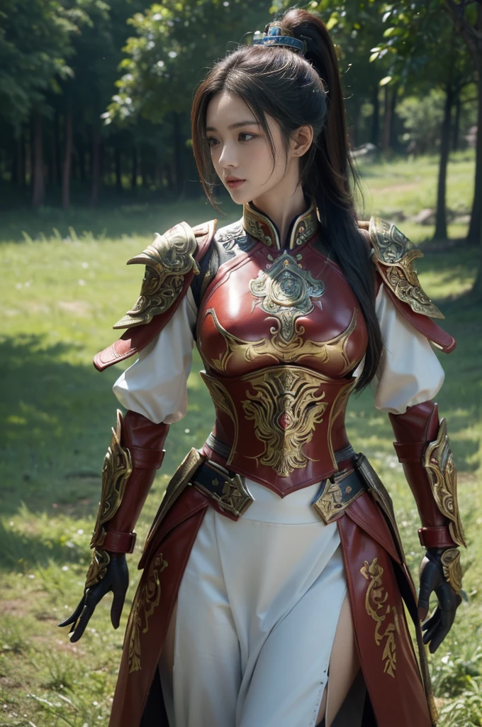 masterpiece，best quality，high resolution，8K，，((Head close-up))，original photo，real picture，Forest environment（（Field background）），Digital Photography，(Female generals on the battlefield of the Han Dynasty)，18 year old girl，（Long ponytail hairstyle)，Open lips，Noble and charming，Elegant and serious，(Han dynasty armor，Combination of white metal and red leather，hollow-carved design，armor，Knight armor，Metallic luster，Leather buckle，Beautiful Pattern，Mystical Emblem，Cool and beautiful breasts))，Chest groove，Three Kingdoms character painting style，Photo poses，oc render reflection texture，Bright colors，