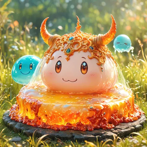 best quality, very good, 1.60,000, ridiculous, Extremely detailed, Cute slime devil，Has horns made of translucent boiling lava, ...