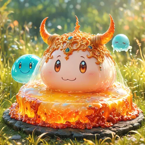 best quality, very good, 1.60,000, ridiculous, extremely detailed, cute slime devil，has horns made of translucent boiling lava, ...