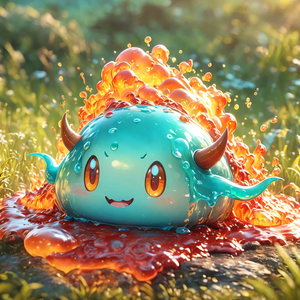 best quality, very good, 1.60,000, ridiculous, Extremely detailed, Cute slime devil，Has horns made of translucent boiling lava, Background grassland ((A masterpiece full of fantasy elements))), ((Best quality)), ((Intricate details)) (8K), ((best quality)), ((Intricate details)) (8K)