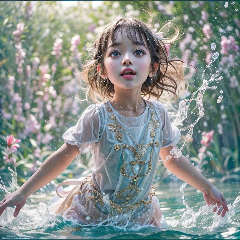 (Obra maestra de alta calidad 8K: 1.2)(Foto Realista Profesional:1.37), iluminación volumétrica. niñas pequeñas, niña saltando al agua、descendente、salpicar agua、gritar、Superficie de agua luminosa、Colores blancos y brillantes., retroiluminación, Piel Perla Radiante, reflejos brillantes, Cara KAWAII detallada con lindos labios., Pestañas largas, ropa delicada, Entrepierna abierta detallada