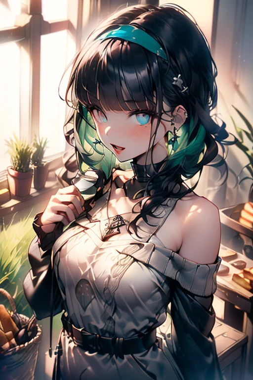 (perky chest:1.2), (pointed chest:1.2),(((Black Tunic:1.3))),(((cakes and bread in the basket),Cute and beautiful girl,Cute round face,Cute smile,with blush cheeks,Red Lip,solo, looking at viewer, open mouth, have a cute grass of cute beergrass,black hair, dark green eyes, dress, bare shoulders, jewelry, collarbone, sidelocks, hairband, earrings, indoors, off shoulder, sweater, arms behind back, plant, short hair with long locks, gild hairband, off-shoulder dress, sweater dress, off-shoulder sweater, black sweater, dark gord hair, big side hair, very long side hair,is rendered in (masterpiece: 1.2, best quality), with (ultra high resolution) and an exquisite (depth of field),(Bangs are see-through bangs),hair pin,hair adornments,detailed clothes features,Detailed hair features,detailed facial features,(Dynamic angles),(Dynamic and sexy poses),Cinematic Light,(masutepiece,top-quality,Ultra-high resolution) ,(The 8k quality,Anatomically accurate facial structure,),(Sea Art 2 Mode:1.3),(Image Mode Ultra HD) ,(Hold a coffee in your hand:1.3),delicate beautiful face, Bright blue eyes, cute eyes, sparkling eyes, Big eyes, (perky chest:1.1), (pointed chest:1.3), looking at viewer,
