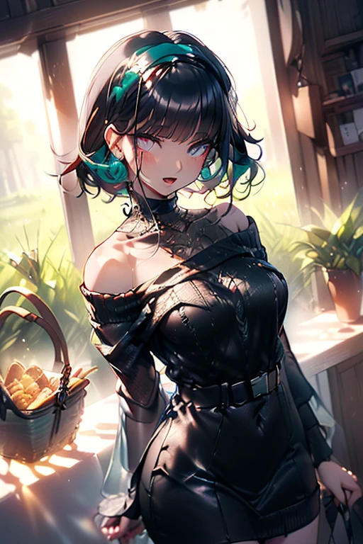 (perky chest:1.2), (pointed chest:1.2),(((Black Tunic:1.3))),(((cakes and bread in the basket),Cute and beautiful girl,Cute round face,Cute smile,with blush cheeks,Red Lip,solo, looking at viewer, open mouth, have a cute grass of cute beergrass,black hair, dark green eyes, dress, bare shoulders, jewelry, collarbone, sidelocks, hairband, earrings, indoors, off shoulder, sweater, arms behind back, plant, short hair with long locks, gild hairband, off-shoulder dress, sweater dress, off-shoulder sweater, black sweater, dark gord hair, big side hair, very long side hair,is rendered in (masterpiece: 1.2, best quality), with (ultra high resolution) and an exquisite (depth of field),(Bangs are see-through bangs),hair pin,hair adornments,detailed clothes features,Detailed hair features,detailed facial features,(Dynamic angles),(Dynamic and sexy poses),Cinematic Light,(masutepiece,top-quality,Ultra-high resolution) ,(The 8k quality,Anatomically accurate facial structure,),(Sea Art 2 Mode:1.3),(Image Mode Ultra HD) ,(Hold a coffee in your hand:1.3),delicate beautiful face, Bright blue eyes, cute eyes, sparkling eyes, Big eyes, (perky chest:1.1), (pointed chest:1.3), looking at viewer,
