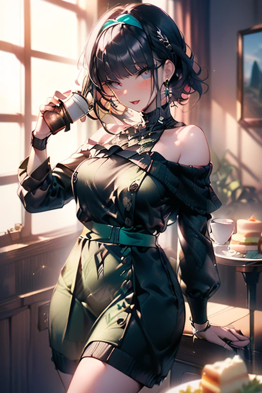 (perky chest:1.2), (pointed chest:1.2),(((Black Tunic:1.3))),(((cakes and bread in the basket),Cute and beautiful girl,Cute round face,Cute smile,with blush cheeks,Red Lip,solo, looking at viewer, open mouth, have a cute grass of cute beergrass,black hair, dark green eyes, dress, bare shoulders, jewelry, collarbone, sidelocks, hairband, earrings, indoors, off shoulder, sweater, arms behind back, plant, short hair with long locks, gild hairband, off-shoulder dress, sweater dress, off-shoulder sweater, black sweater, dark gord hair, big side hair, very long side hair,is rendered in (masterpiece: 1.2, best quality), with (ultra high resolution) and an exquisite (depth of field),(Bangs are see-through bangs),hair pin,hair adornments,detailed clothes features,Detailed hair features,detailed facial features,(Dynamic angles),(Dynamic and sexy poses),Cinematic Light,(masutepiece,top-quality,Ultra-high resolution) ,(The 8k quality,Anatomically accurate facial structure,),(Sea Art 2 Mode:1.3),(Image Mode Ultra HD) ,(Hold a coffee in your hand:1.3),delicate beautiful face, Bright blue eyes, cute eyes, sparkling eyes, Big eyes, (perky chest:1.1), (pointed chest:1.3), looking at viewer,
