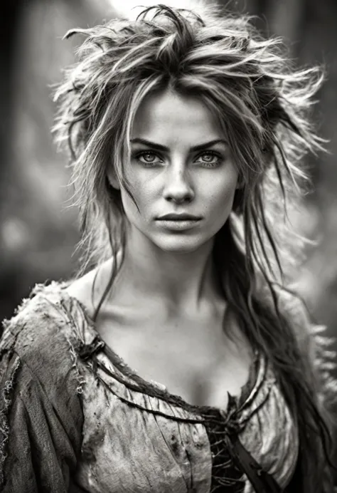 photorealistic, cute woman with messy hair and poor tattered clothes, beautiful sexy, (detailed medieval background), ultra shar...