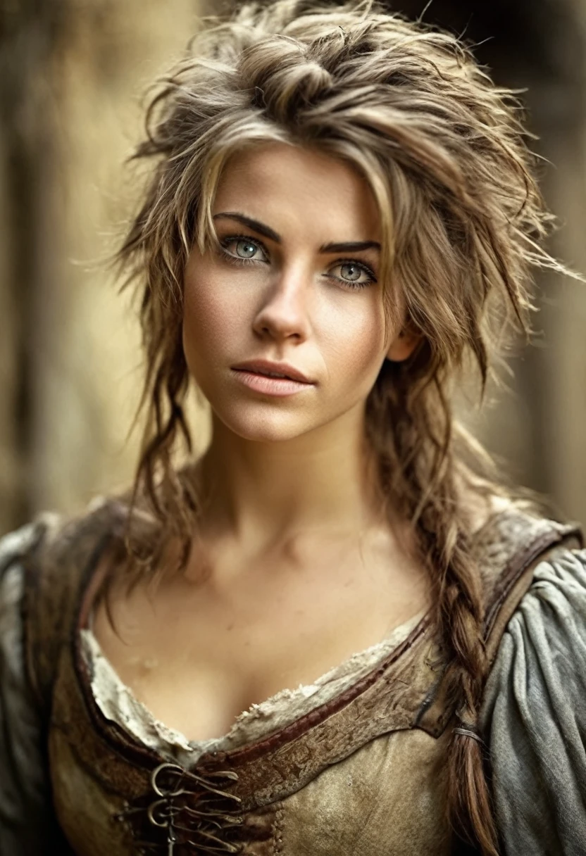 photorealistic, cute woman with messy hair and poor tattered clothes, beautiful sexy, (detailed medieval background), ultra sharp focus, detailed face, (((posing))),  random hair color, short hair, pretty eyes, whole body, High quality analog color photography.,  depth of field, film grain 