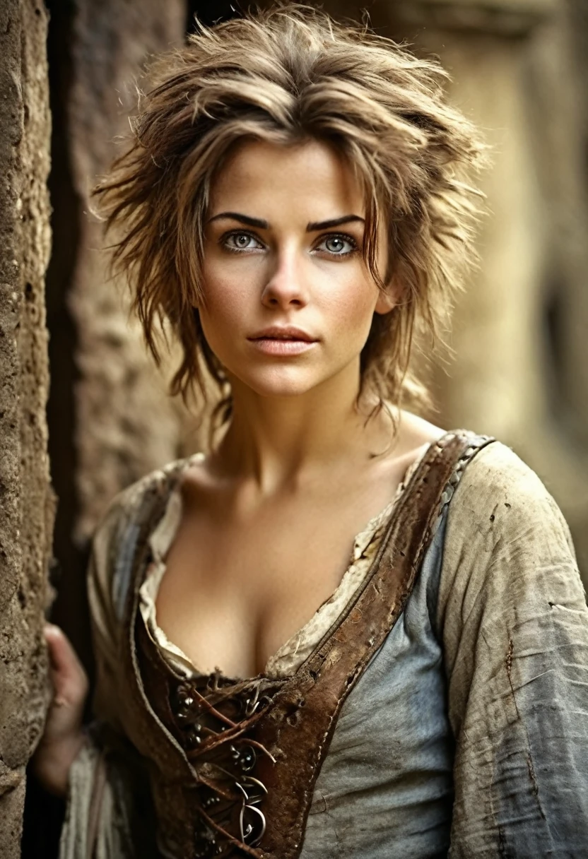 photorealistic, cute woman with messy hair and poor tattered clothes, beautiful sexy, (detailed medieval background), ultra sharp focus, detailed face, (((posing))),  random hair color, short hair, pretty eyes, whole body, High quality analog color photography.,  depth of field, film grain 