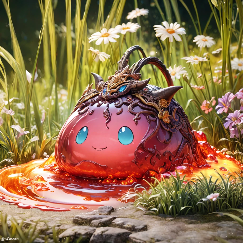 best quality, very good, 1.60,000, ridiculous, Extremely detailed, Cute slime devil，Has horns made of translucent boiling lava, Background grassland ((A masterpiece full of fantasy elements))), ((Best quality)), ((Intricate details)) (8K), ((best quality)), ((Intricate details)) (8K)