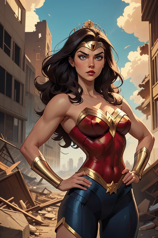 (chef-d&#39;œuvre, meilleure qualité:1.2), 1fille, seulement, (((Un style comique, ART DE BANDE DESSINÉE))), Une image de style bande dessinée de Wonder Woman dans une pose sexy et dynamique, avec elle comme personnage central. Elle est debout, les mains sur les hanches, regarder droit devant avec détermination. Elle porte du rouge, tenue bleue et dorée, avec une étoile blanche sur la poitrine et un diadème doré sur le front. Elle a longtemps, cheveux foncés et raides, yeux bleus et lèvres rouges. Elle est entourée d&#39;une ville en ruines, avec des bâtiments détruits et de la fumée. Elle a une expression sérieuse et confiante, comme si elle était prête à combattre le mal. très détaillé.