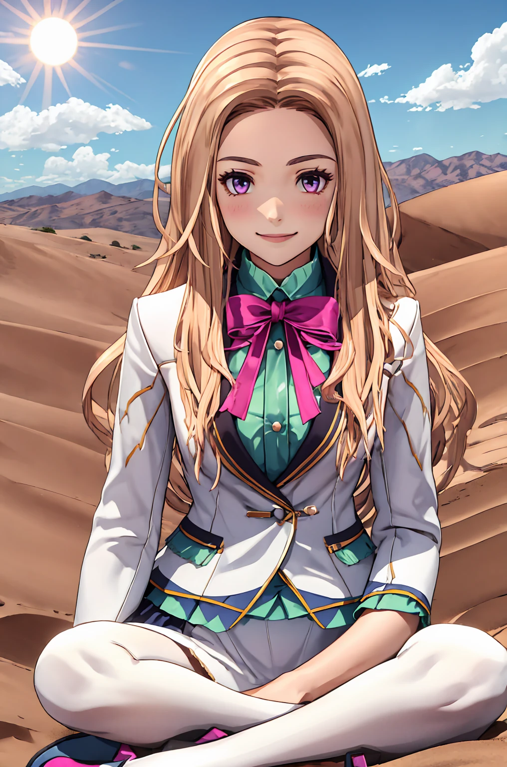 Highest quality, (Tabletop:1.2), figure, Absurd,   
(One Girl), (alone), (Beautiful detailed girl), whole body, 
Blonde, Long Hair, Swept-apart bangs, amount, Purple eyes, Medium chest,
White suit, Green undershirt, Green ruffles, (White mini skirt:1.5), Pink Ribbon, black_pantyhose, High heels, (((Indian Style, get up))), ((Skirt rip, Showing panties)), ((Panties under pantyhose)),
View your viewers, smile,
desert, sun, Sky Porn,