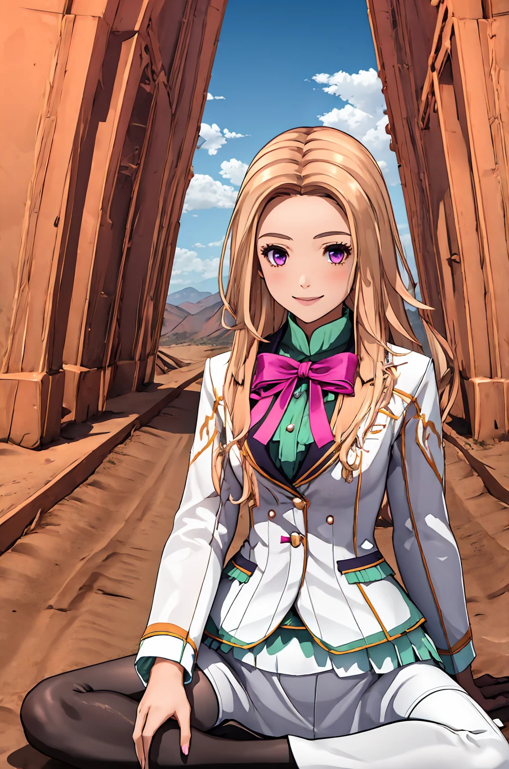 Highest quality, (Tabletop:1.2), figure, Absurd,   
(One Girl), (alone), (Beautiful detailed girl), whole body, 
Blonde, Long Hair, Swept-apart bangs, amount, Purple eyes, Medium chest,
White suit, Green undershirt, Green ruffles, (White mini skirt:1.5), Pink Ribbon, black_pantyhose, High heels, (((Indian Style, get up))), ((Skirt rip, Showing panties)), ((Panties under pantyhose)),
View your viewers, smile,
desert, sun, Sky Porn,