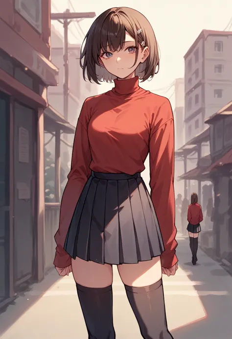 black skirt, black thighhighs, long sleeves, miniskirt, pleated skirt, red sweater, skirt, sweater, thighhighs, turtleneck,