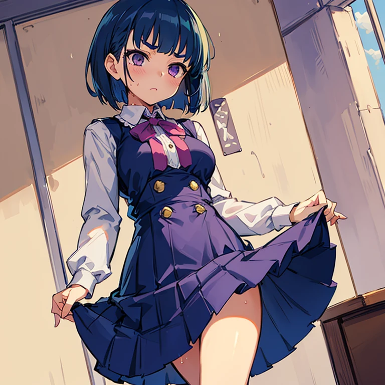 Young girl with blue hair,short straight hair and short bangs (purple eyes),, ((small bushy eyebrows)), wearing gothic lolita clothing, lolicon , large breast, breasts out of blouse, walking to school, bored look, bored face, , lifting her skirt to show her vagina wet with semen, having sex
