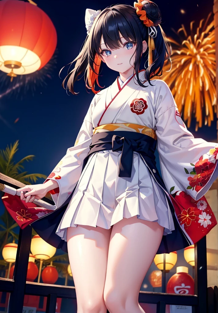 Takada Rokka, Black Hair, blue eyes, Long Hair, orange Scrunchie, Scrunchie, wrist Scrunchie,White Kimono,White long skirt,Thick sleeves,Sandals,日本のfestival,夏festivalの屋台,Red lantern,Hair Bun, double  Hair Bun,happy smile, smile, Open your mouth,Fireworks,The place is a fireworks display、Time is night,Walking,whole bodyがイラストに入るように,
break outdoors, festival,
break looking at viewer, whole body,(Cowboy Shot:1. 5),
break (masterpiece:1.2), Highest quality, High resolution, unity 8k wallpaper, (shape:0.8), (Fine and beautiful eyes:1.6), Highly detailed face, Perfect lighting, Highly detailed CG, (Perfect hands, Perfect Anatomy),