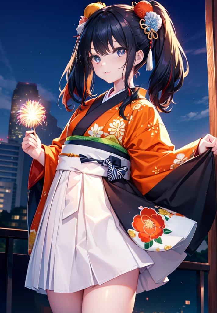 Takada Rokka, Black Hair, Blue eyes, Long Hair, orange Scrunchie, Scrunchie, wrist Scrunchie,White Kimono,White long skirt,Thick sleeves,sandals,Japanese festivals,Summer festival food stalls,Red Lantern,Hair Bun, double  Hair Bun,happy smile, smile, Open your mouth,Fireworks,The place is a fireworks display、Time is night,Walking,whole bodyがイラストに入るように,
BREAK outdoors, festival,
BREAK looking at viewer, whole body,(Cowboy Shot:1. 5),
BREAK (masterpiece:1.2), Highest quality, High resolution, unity 8k wallpaper, (shape:0.8), (Fine and beautiful eyes:1.6), Highly detailed face, Perfect lighting, Highly detailed CG, (Perfect hands, Perfect Anatomy),