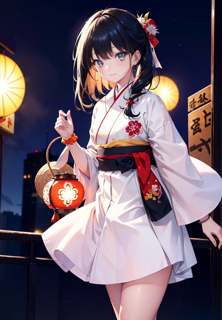 Takada Rokka, cheveux noirs, yeux bleus, cheveux longs, orange Chouchou, Chouchou, wrist Chouchou, bandeau simple,kimono blanc,Jupe longue blanche,Manches épaisses,des sandales,fête japonaise,stands du festival d&#39;été,Lanterne rouge,happy sourire, sourire, Ouvrez la bouche,feux d&#39;artifice,L&#39;endroit est un feu d&#39;artifice、le temps est la nuit,marche,tout le corpsがイラストに入るように,
casser outdoors, festival,
casser looking at viewer, tout le corps,(tir de cow-boy:1. 5),
casser (chef-d&#39;œuvre:1.2), la plus haute qualité, haute résolution, unité 8k fond d&#39;écran, (forme:0.8), (Des yeux fins et beaux:1.6), Visage très détaillé, éclairage parfait, CG très détaillé, (des mains parfaites, Anatomie parfaite),