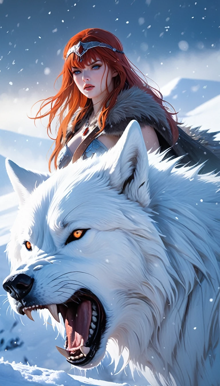 A fierce redhead warrior, Red Sonja, with her companion a huge giant wolf in a snowy landscape, blood stains on the pristine white snow (best quality, 4k, 8k, high resolution, masterpiece: 1.2), ultra detailed,,vivid colors,bokeh,portraits,concept art,dramatic lighting,cold tones,snow, ice, winter, art inspired by Bill Sienkiewicz
