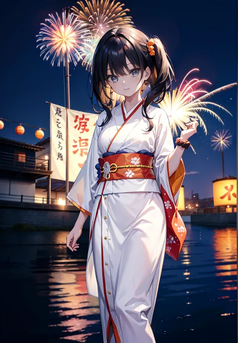 Takada Rokka, Black Hair, blue eyes, Long Hair, orange Scrunchie, Scrunchie, wrist Scrunchie, single hair band,White Kimono,Thic...