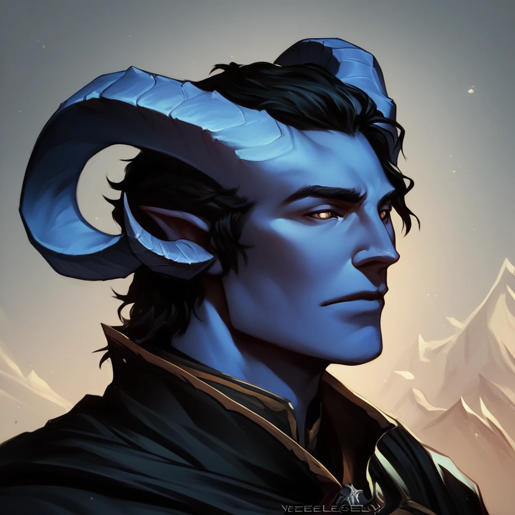 (((beautiful, high quality))), portrait, score_9, score_8_up, score_7_up, Tiefling, pointed ears, horns, 1boy, dark blue skin, black hair, brown eyes, black cape, fantasy background, (((comely, high qualiy))), portraite, armors, Fantasy Background