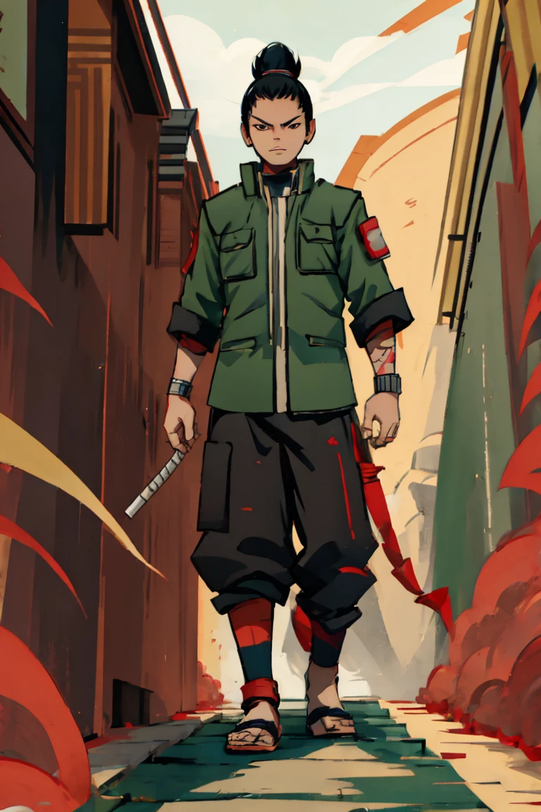 Shikamaru avec des vêtements de samouraï de préférence avec des couleurs comme le rouge, détails en noir et blanc, que votre coiffure soit nouée si possible en tresses, que tout ait un style de pèlerinage Scott animé en 2D, et aussi enfin être super détaillé malgré son animation