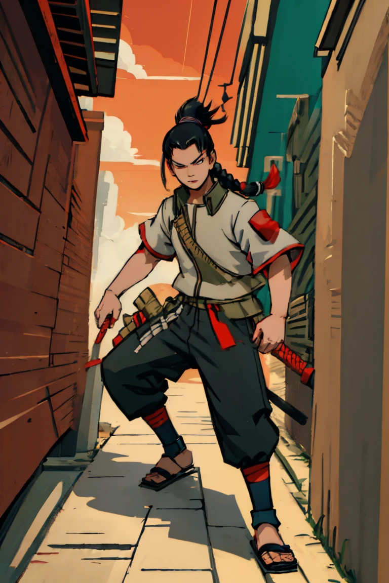 Shikamaru with a samurai clothing preferably with colors like red, black and white details, that your hairstyle be tied hair if possible braids, let everything have a 2d animated scott pilgrim style, and also lastly be super detailed despite being animated