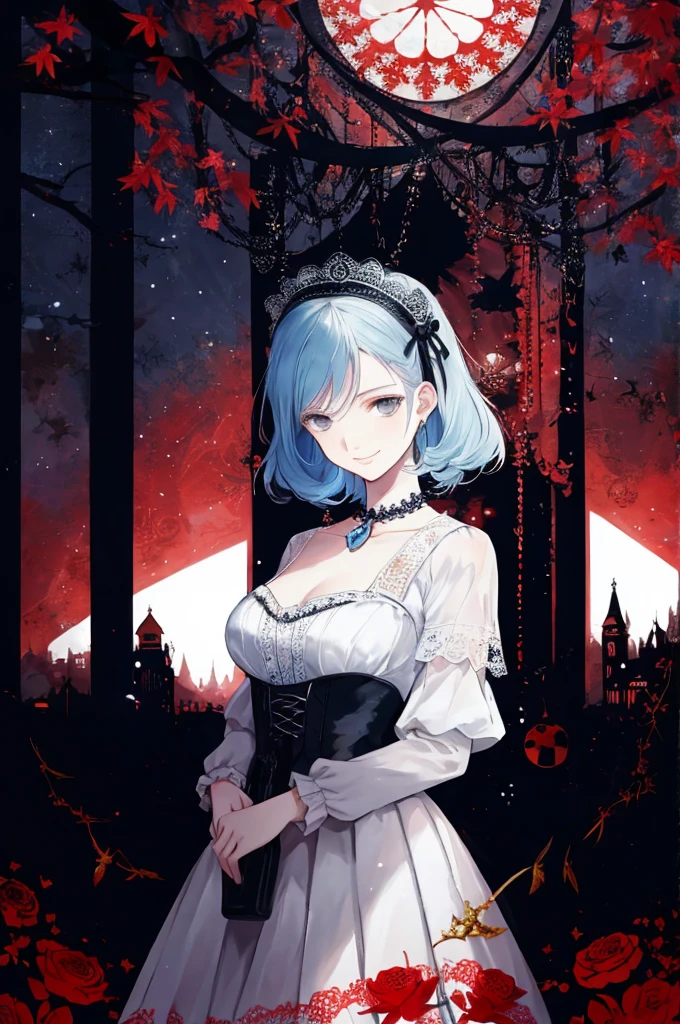  ((best quality)), ((masterpiece)), (detailed), 1girl, Character design, female, dynamic poses, long blue hair, grey white eyes, very skinny, detailed, best quality, no accesoires around the neck, prominent collarbones, skinny arms, upper body, blank white background, plain background, white background, ((red and white clothing)), Bloodborne inspired, occult aesthetic, occult, detailed and intricate steampunk and detailed gothic, Very dramatic and cinematic lighting, cosmic horror, grim-dark, side-lighting, perfect face,  Fluttering lace flared long knee length dress with frilly petticoats, knee length dress, pleated petticoats, petticoats gothic, complex lace boots, side-lighting, gothic aesthetic, wielding a mighty sword with mechanical components, mandalas, small breasts, a fairy, various different types of insect wings,upper body, upper body, white holy clothes,white holy clothes,((evil smile)),blue hair,