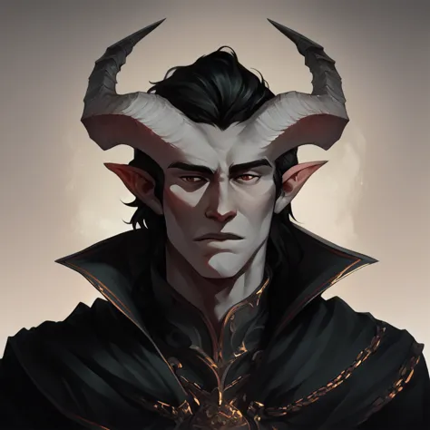 (((beautiful, high quality))), portrait, score_9, score_8_up, score_7_up, tiefling, pointed ears, horns, 1boy, gray skin, black ...